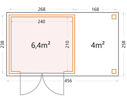 Planritning för ett trädgårdshus med måtten 238 gånger 456 centimeter