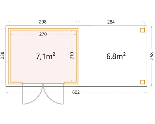 Ritning av ett trädgårdshus med mått.