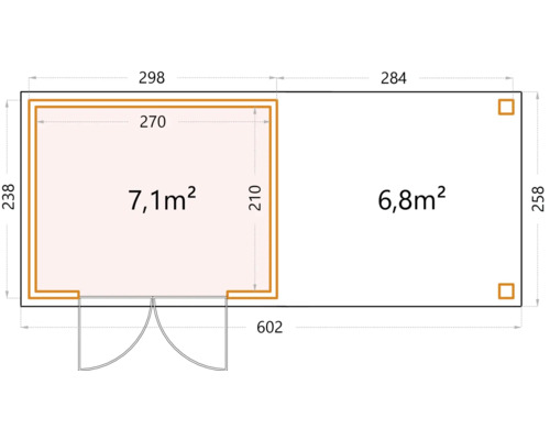 Planritning av ett trädgårdshus med storleksangivelser i kvadratmeter och centimeter