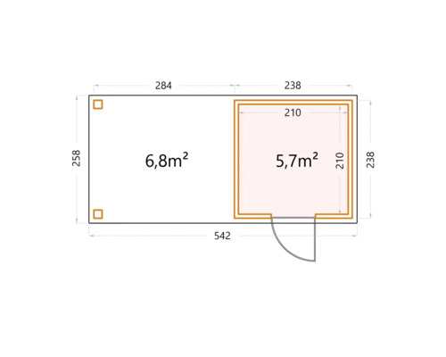 Ritning av ett trädgårdshus med areaangivelser i kvadratmeter och mått i centimeter