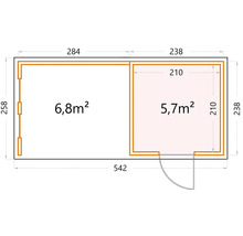 Planritning över ett trädgårdshus med måtten 542 gånger 258 centimeter