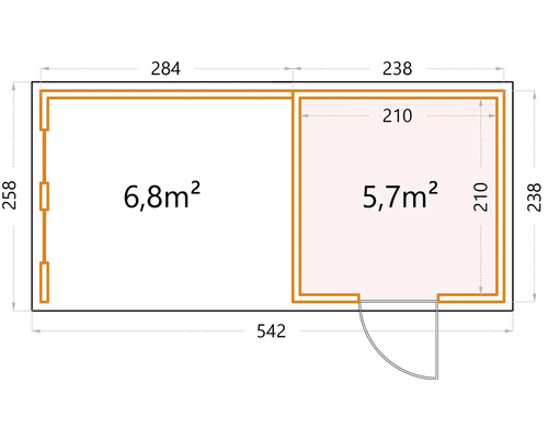 Planritning över ett trädgårdshus med måtten 542 gånger 258 centimeter