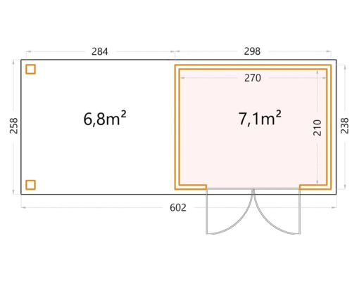 Planritning över ett trädgårdshus med mått på yta och dimensioner