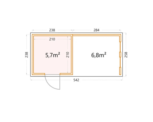 Ritning av ett trädgårdshus med areaangivelser