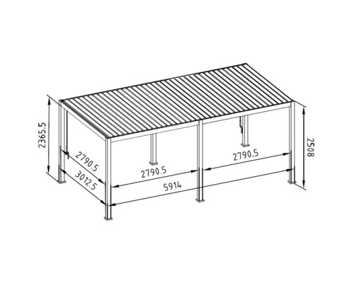 Teknisk ritning av ett terrassöverdrag med måttangivelser