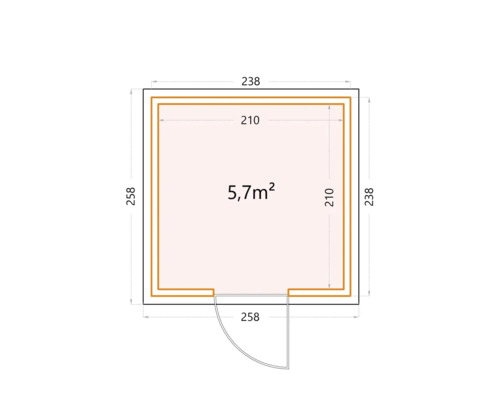 Planritning över ett trädgårdshus med måtten 238 gånger 238 och 258 gånger 258 centimeter