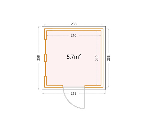 Ritningsskiss av ett trädgårdshus med måtten 238 gånger 258 centimeter och en yta på 5,7 kvadratmeter