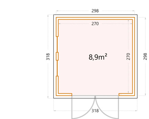 Planritning av ett trädgårdshus med mått i centimeter och area i kvadratmeter