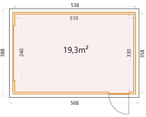 Ritning av ett trädgårdshus med dörr och mått