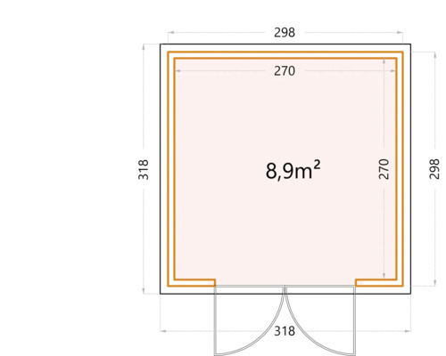 Ritning av ett trädgårdshus med dimensioner