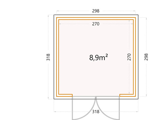 Ritning av ett trädgårdshus med dimensioner och en yta på 8,9 kvadratmeter