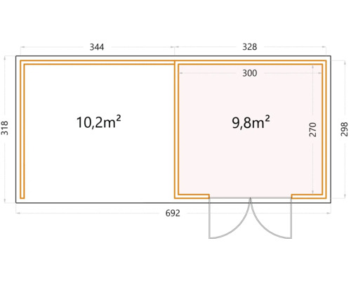 Ritning av ett trädgårdshus med två rum och måtten 344 x 318 centimeter och 328 x 298 centimeter