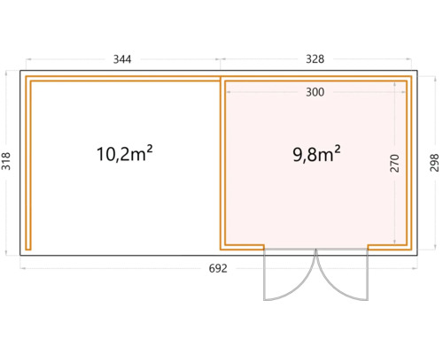 Planritning av ett trädgårdshus med areaangivelser