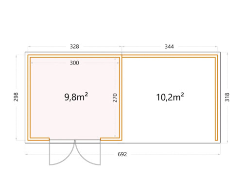 Ritning av ett trädgårdshus med mått