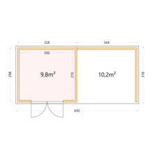 Planritning av ett trädgårdshus med dimensioner och ytuppgifter