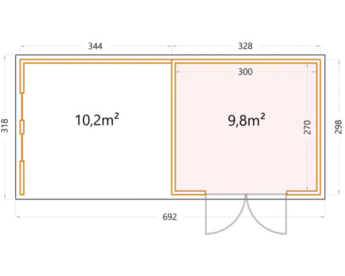 Planritning av ett trädgårdsskjul med ytangivelser