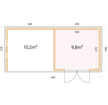 Planritning över ett trädgårdshus med måtten 692 x 318 cm och en yta på 10,2 m² och 9,8 m².
