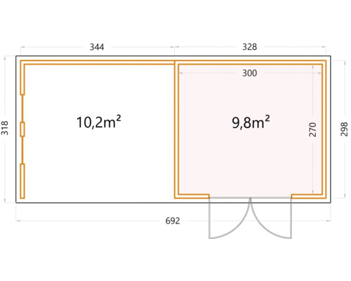 Planritning över ett trädgårdshus med måtten 692 x 318 cm och en yta på 10,2 m² och 9,8 m².