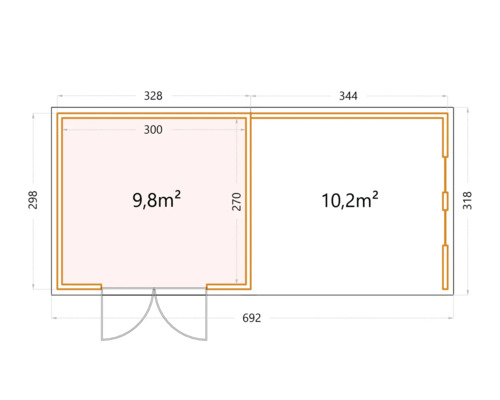 Planritning av ett trädgårdshus med mått