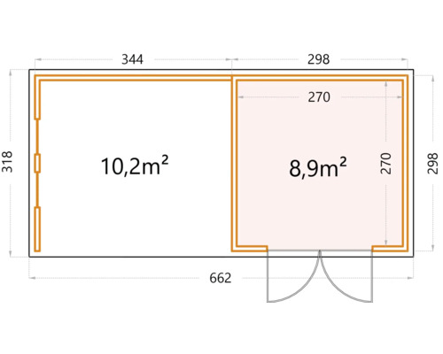 Ritning av ett trädgårdshus med mått