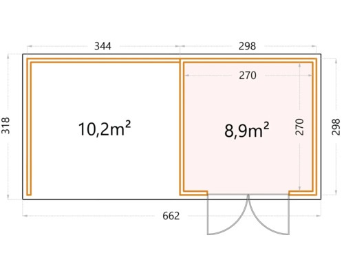 Planritning av ett trädgårdshus med måttangivelser