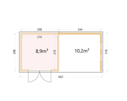 Ritning av ett trädgårdshus med areaangivelser i kvadratmeter