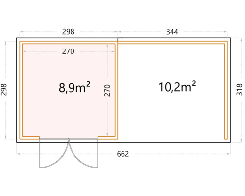 Planritning av ett trädgårdshus med mått på de enskilda rummen