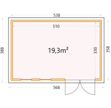 Planritning av ett trädgårdshus med dimensioner och en yta på 19,3 kvadratmeter