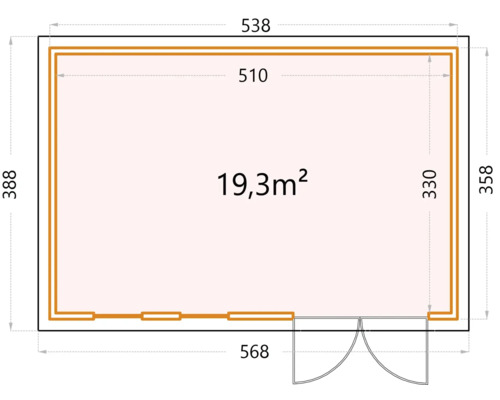 Planritning över ett trädgårdshus med måtten 538 gånger 388 centimeter och en yta på 19,3 kvadratmeter