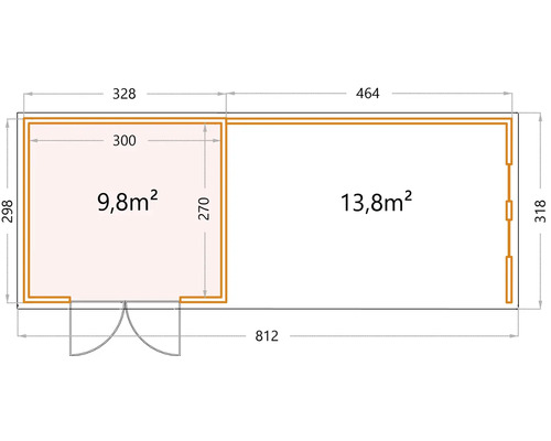 Planritning över ett trädgårdshus med måtten 812 gånger 318 centimeter.