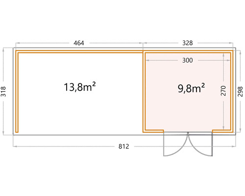 Planritning av ett trädgårdshus med måttangivelser