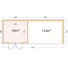 Planritning över ett trädgårdshus som mäter 812 x 318 centimeter, bestående av två rum på 9,8 respektive 13,8 kvadratmeter