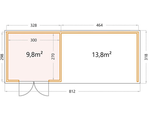 Planritning över ett trädgårdshus som mäter 812 x 318 centimeter, bestående av två rum på 9,8 respektive 13,8 kvadratmeter