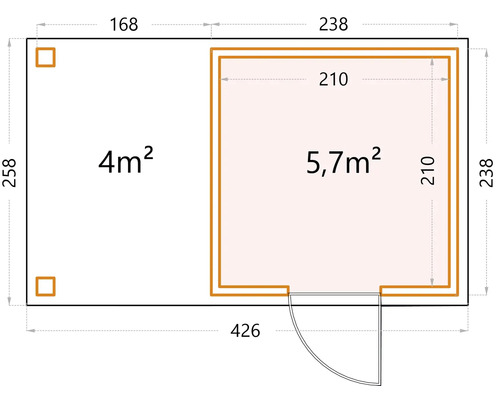 Planritning för ett trädgårdshus med måttangivelser