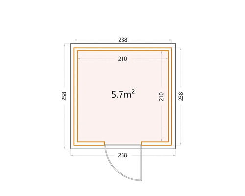Planritning av ett trädgårdshus med måtten 238 gånger 258 centimeter och en yta på 5,7 kvadratmeter.
