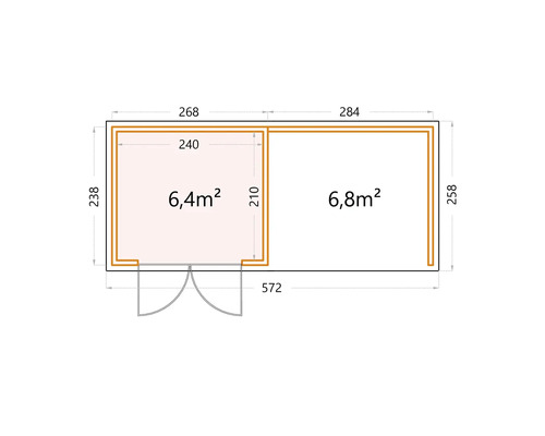 Planritning av ett trädgårdshus med två rum och ytuppgifter