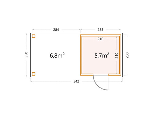 Planritning av ett trädgårdshus med ytangivelser för rummen