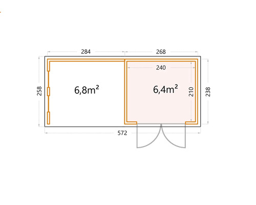 Planritning över ett trädgårdshus med mått på de två rummen