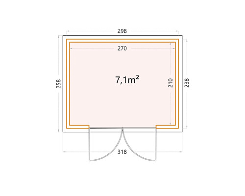 Planritning av ett trädgårdshus med måtten 298 x 258 cm och en yta på 7,1 m²