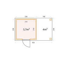 Planritning över ett trädgårdshus med måtten 426 x 258 cm och en rumsindelning på 5,7 m² och 4 m²