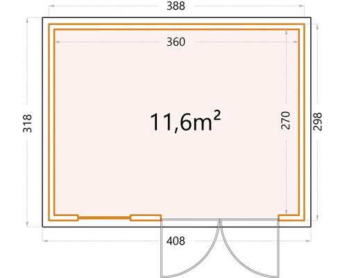 Planritning av ett trädgårdshus med mått i centimeter och kvadratmeter