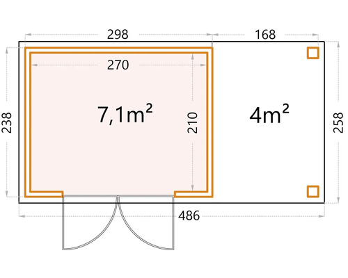 Planritning av ett trädgårdshus med måttangivelser