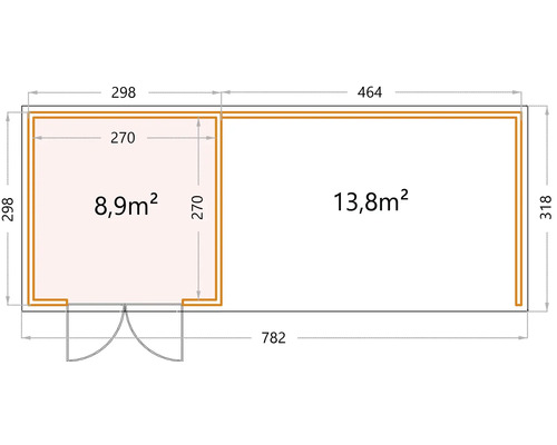 Ritning av ett trädgårdshus med måtten 298 gånger 298 och 464 gånger 318 centimeter