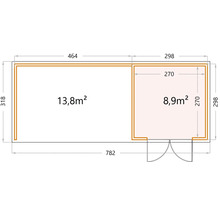 Planritning med dimensioner för en byggnad med en yta på 13,8 kvadratmeter och 8,9 kvadratmeter