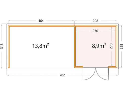 Ritning av ett trädgårdshus som mäter 782 gånger 318 centimeter och en yta på 13,8 kvadratmeter och 8,9 kvadratmeter
