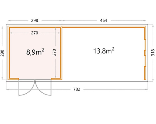 Planritning av ett trädgårdshus med ytangivelser och dimensioner