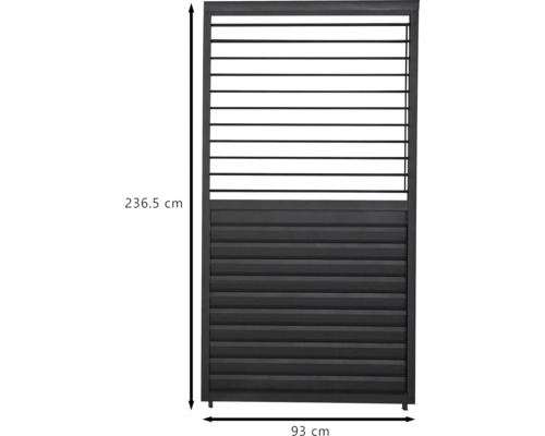 Metallstaket med horisontella lameller och en höjd på 236,5 centimeter och en bredd på 93 centimeter