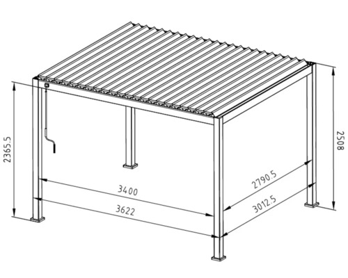 Teknisk ritning av ett terrasstak med mått