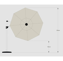 Bild av ett parasoll med måtten 278 cm högt och 142 cm djupt.