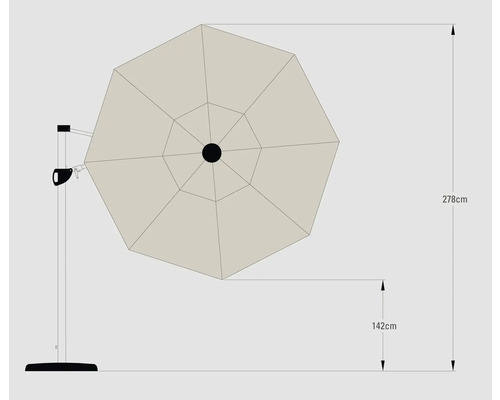 Bild av ett parasoll med måtten 278 cm högt och 142 cm djupt.